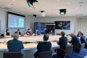 Menkominfo Johnny G. Plate saat meninjau perkembangan pembuatan Satelit Republik Indonesia (SATRIA) 1 di Cannes, Prancis